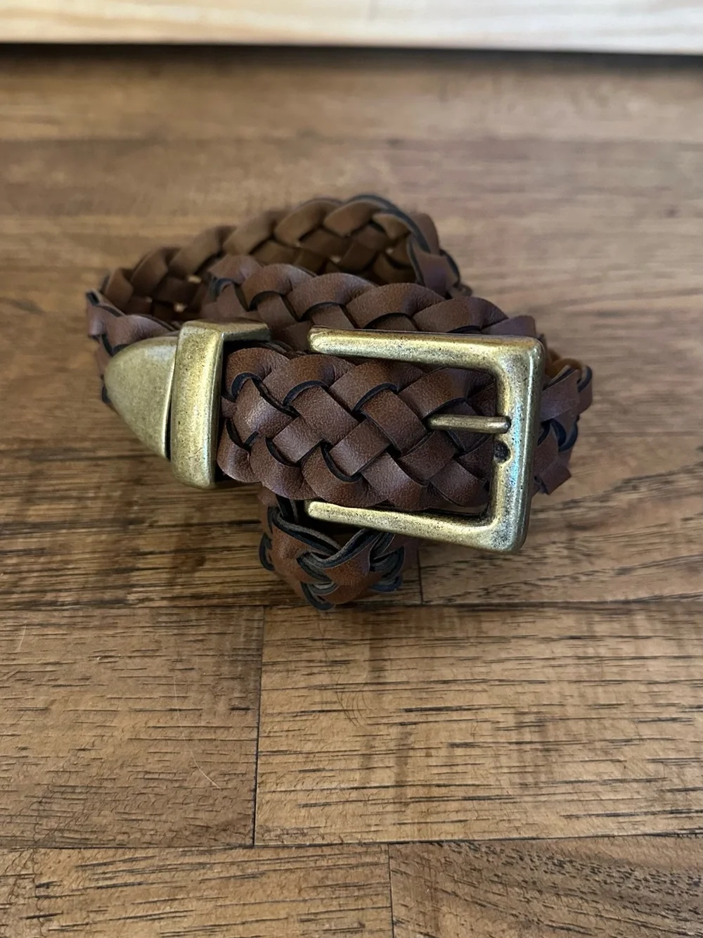 Braided Brown Leather Belt with Antique Brass Buckle - women